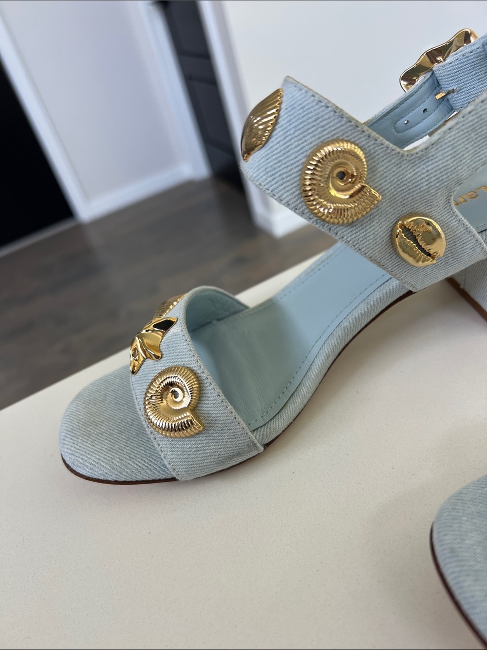 Larroude madison block light blue denim maya heels open toe sandals gold 6 - Picture 14 of 16